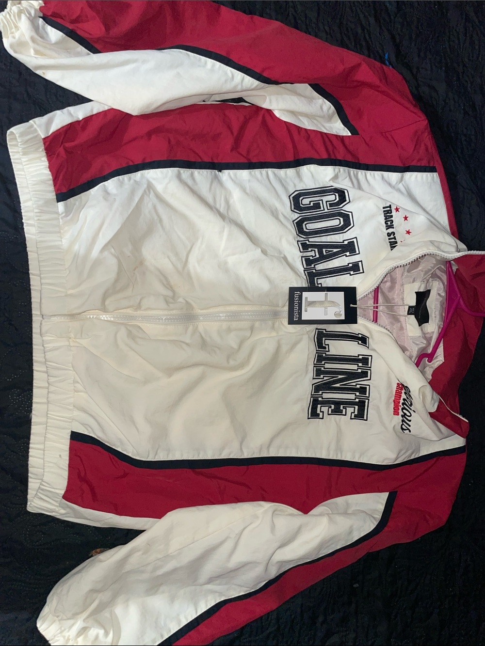 Womenโs White & Red Goal Line Varsity Track Jacket